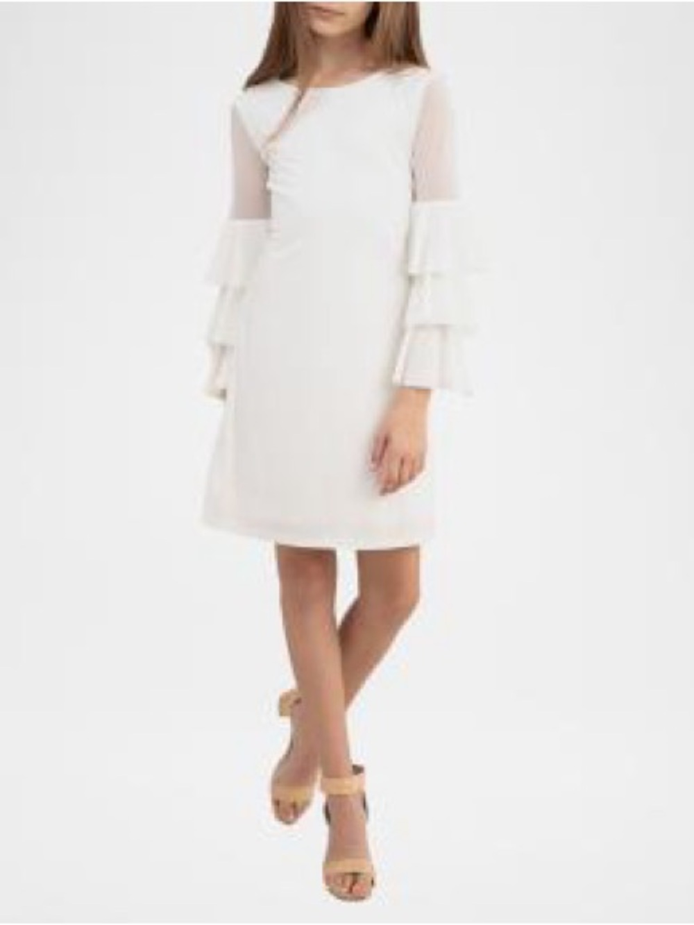 Un Deux Trois White Mini Dress with Tiered Ruffle Sleeves